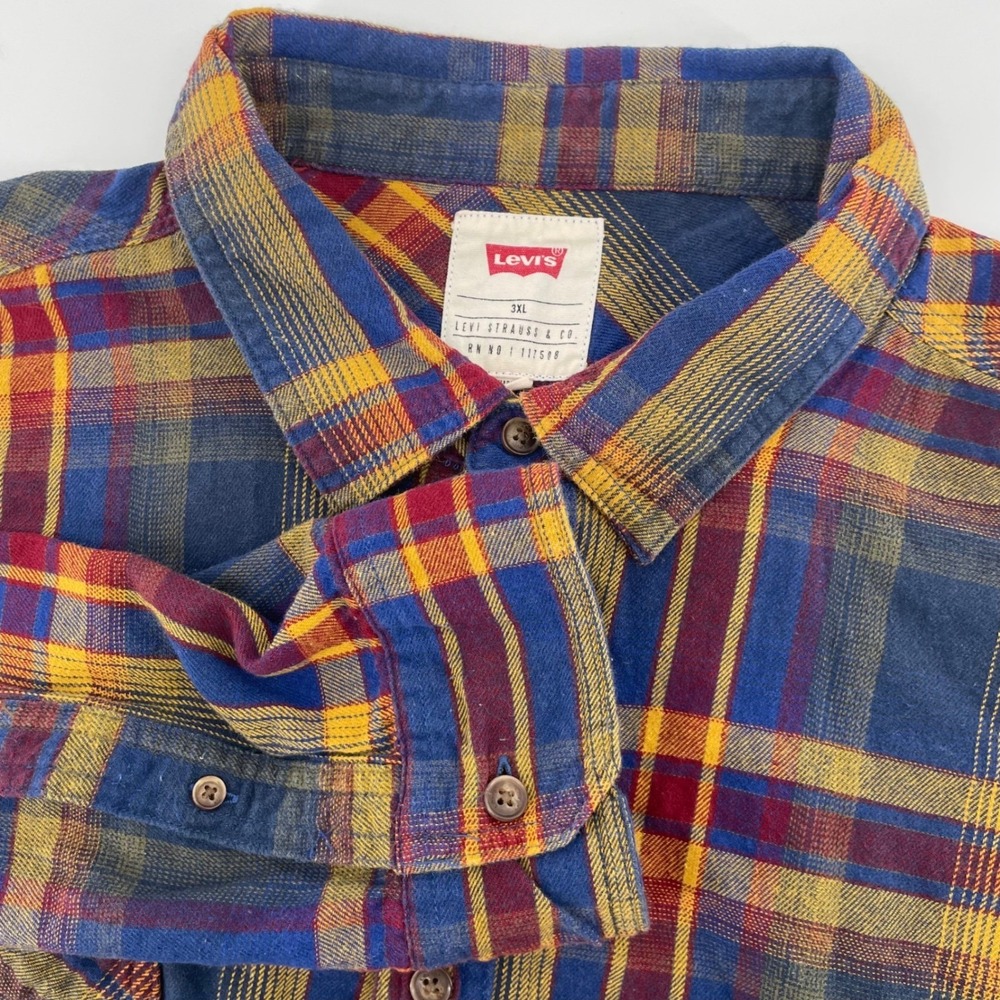 Levis Men's Size 3XL Plaid Flannel Button Down Shirt Blue Yellow Red Long Sleeve